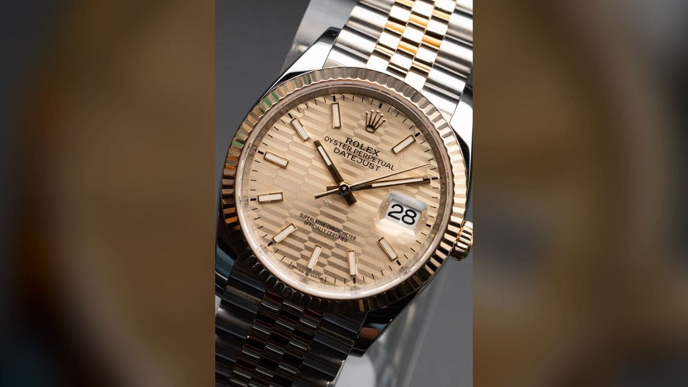 Rolex Datejust 36 Yellow Rolesor Golden Fluted-Motif 126233-0039, photographed at Watch Affinity in San Antonio